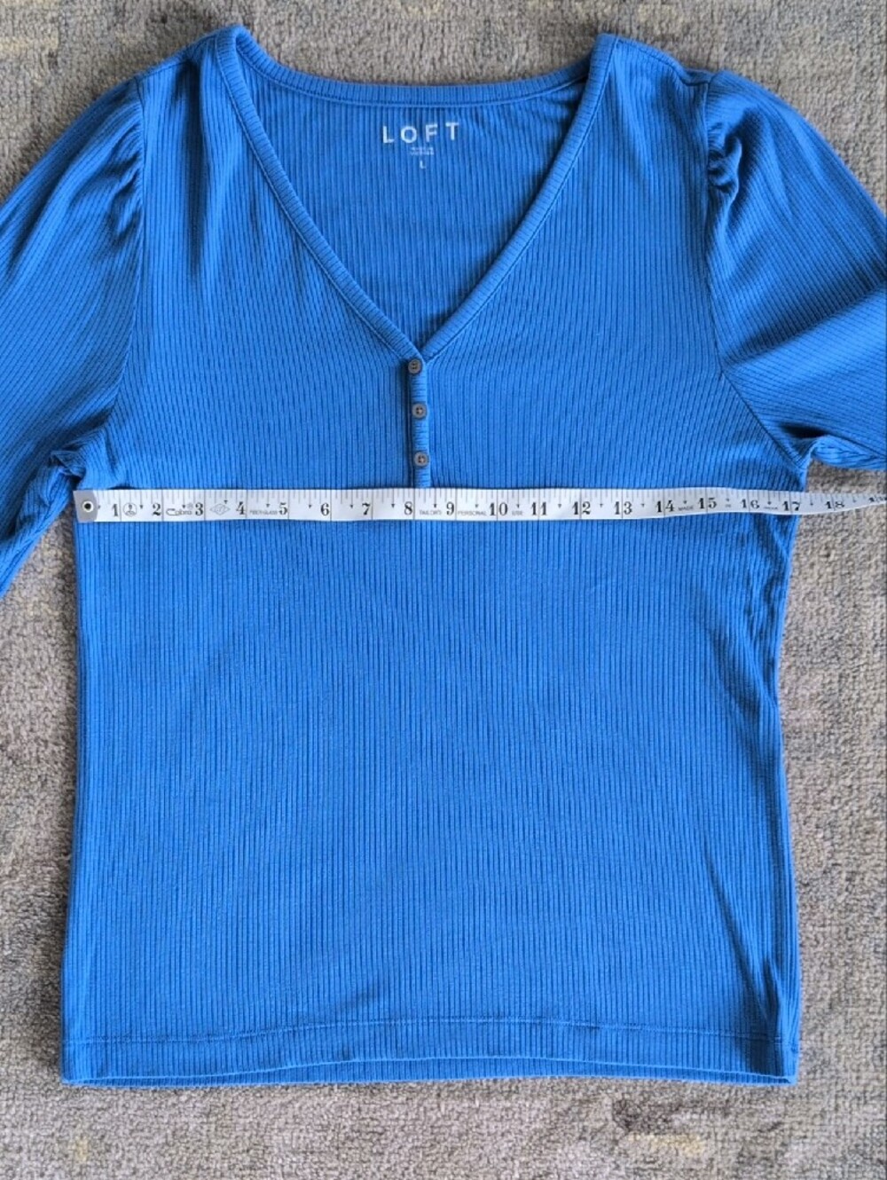 LOFT Bright Blue Ribbed V-Neck Button Top - Picture 3 of 6